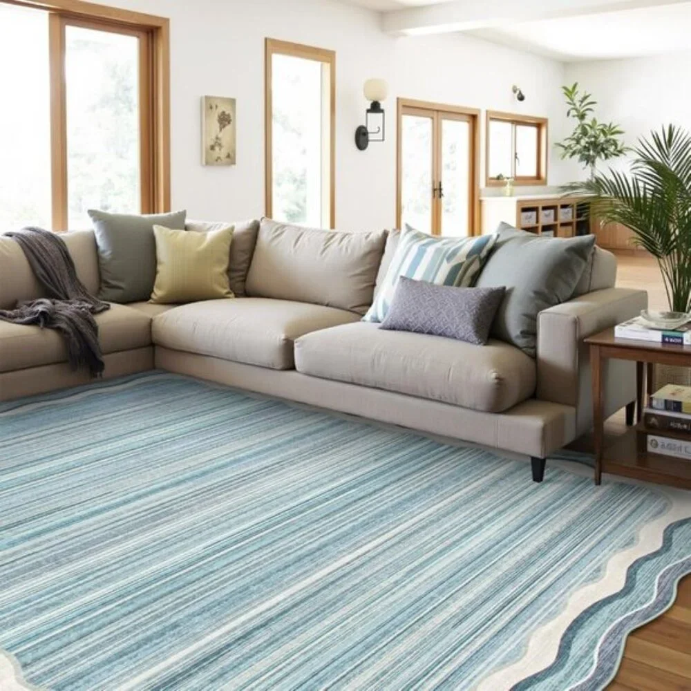 New 5x7 Blue Scalloped Rug, Washable, Non-Slip, Soft Modern Carpet for Bedroom
